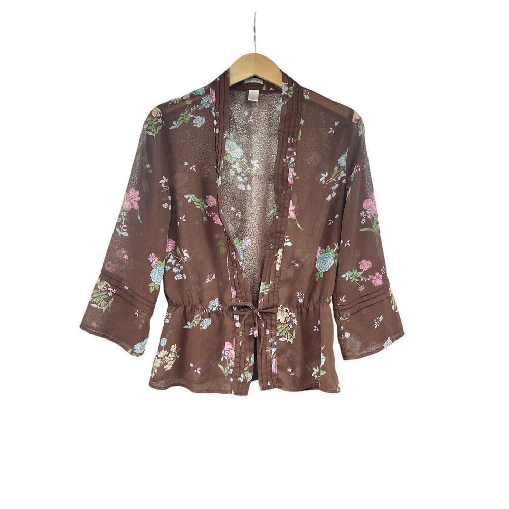Old Navy Brown Floral Flutter Sleeve Fairy Sheer Tie Front Cardigan Womens M